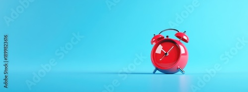 Red alarm clock on a blue background, a minimalistic flat lay concept of time management and work hours.