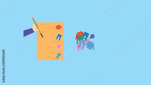 Illustration of a group of clothes glued onto paper.