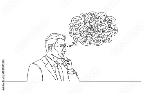 Continuous one line art of a man thinking hard.