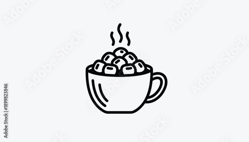 Vector hot chocolate cup with marshmallows, line art style, for mockup or icon use, Isolated on transparent background, png
