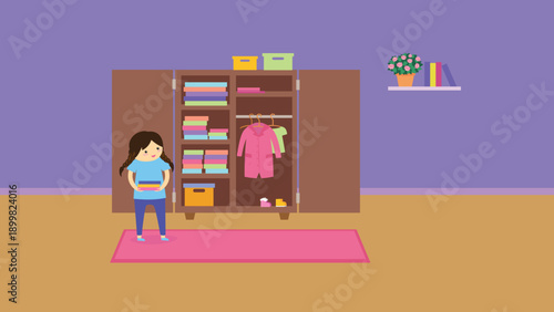 Woman doing yoga in the room. Vector illustration in flat style.