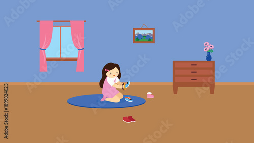 Little girl doing yoga at home. Vector illustration in flat style.
