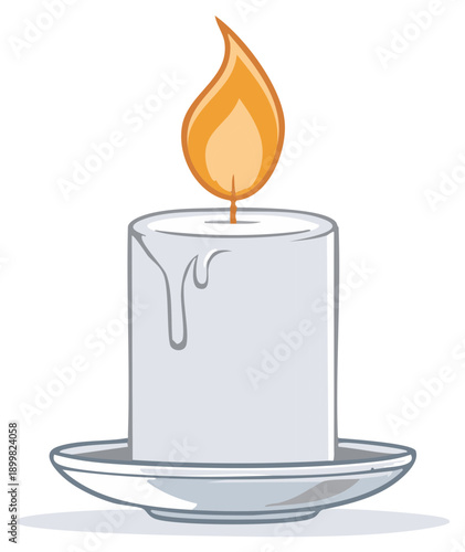 Illustration of a white candle with dripping wax on a small plate with a yellow and orange flickering flame