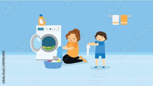 Illustration of a Mother and her son doing laundry together in the bathroom