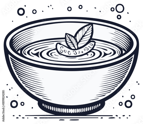 Hand Drawn Bowl of Refreshing Soup with Garnish and Bubbles Illustration