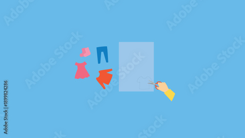 Illustration of a woman cutting clothes on a blue background - vector