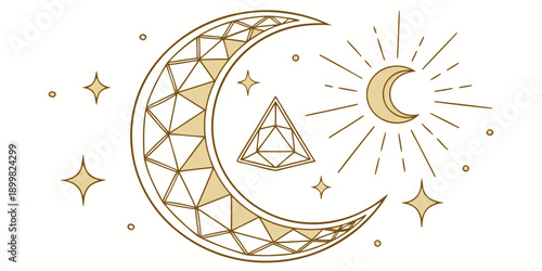 Celestial Gold Moon Sun Crystal Geometric Pattern Illustration