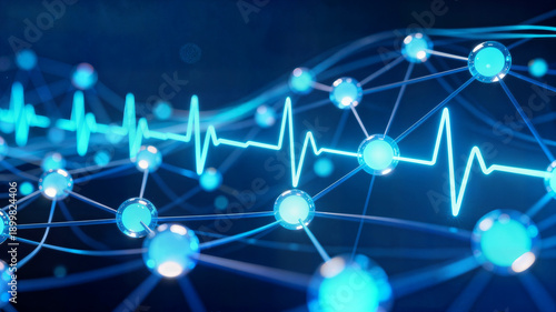 Glowing blue network with heartbeat waveform and nodes on dark background representing healthcare data and medical technology connections