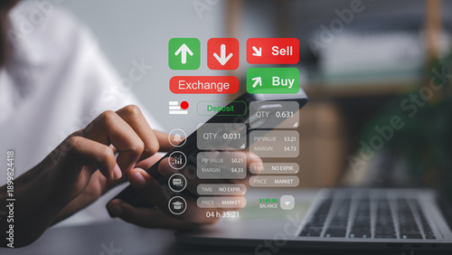 Cuadro en lienzo Close up of person using smartphone for online trading with digital interface icons for buy sell exchange and financial data analysis on blurred background