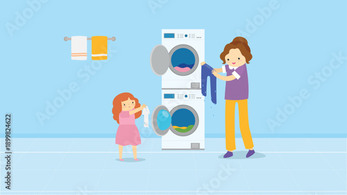 Mother helping her daughter to do homework at home. Vector illustration.