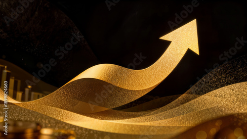 Golden financial growth wave forming upward arrow on dark background symbolizing success and prosperity in business and finance with rising trends