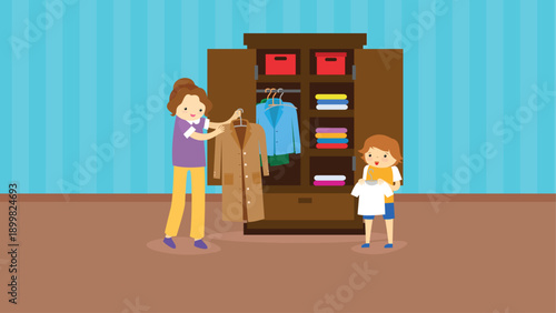 Mother and daughter choosing clothes in the wardrobe. Vector illustration in flat style