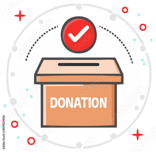 Donation box icon with check mark. Charitable giving concept. Charity and nonprofit fund illustration.