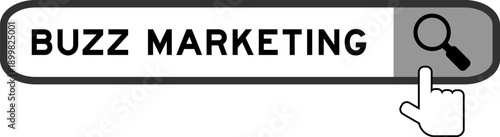 Search banner in word buzz marketing with hand over magnifier icon on white background