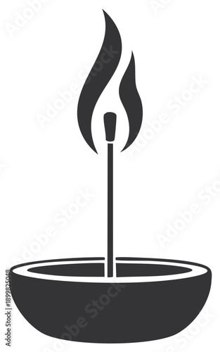 Minimalist burning flame icon with a wick in a traditional bowl a symbol of light and hope