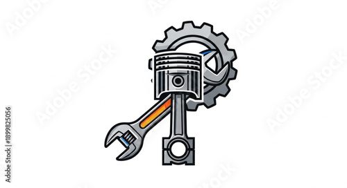 Engine Piston and Wrench with Gear Illustration.