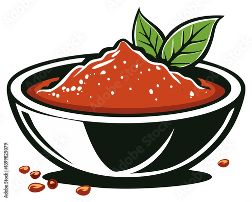 Bowl of red dipping sauce with green leaf garnish in artistic vector illustration