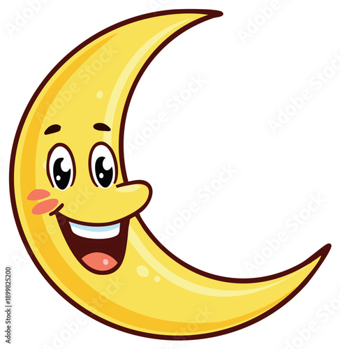 Cartoon crescent moon with a happy face, yellow celestial body smiling cheerfully, isolated vector illustration