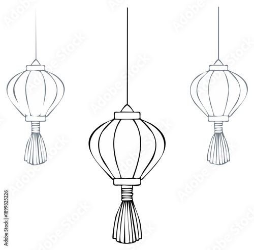 Simple line art drawing of three traditional Chinese paper lanterns hanging for a festival celebration