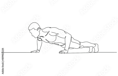 Continuous line drawing of sporty man training push up work out.