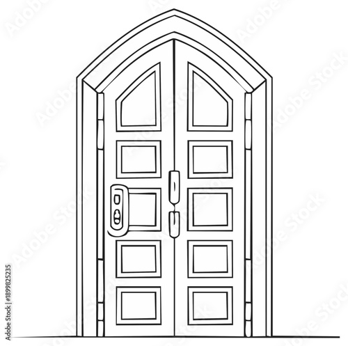 Elegant Arch Top Double Door Illustration Entrance with Paneled Design and Door Handles