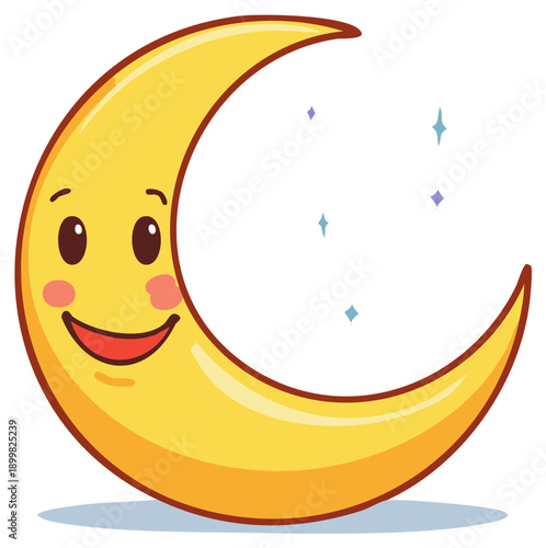 Happy crescent moon character illustration with twinkling stars
