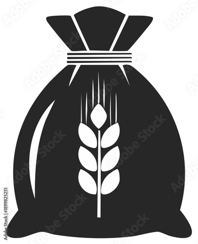 Black and white illustration of a tied burlap sack filled with grain