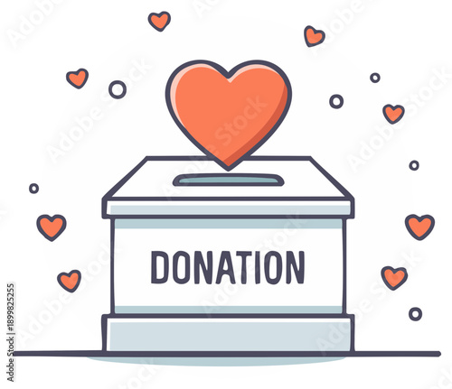 Stylized heart floats above a donation box with hearts and circles scattered around