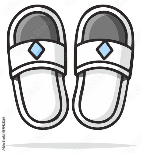 Cartoon illustration of a pair of white slippers or sandals with blue diamond accents.