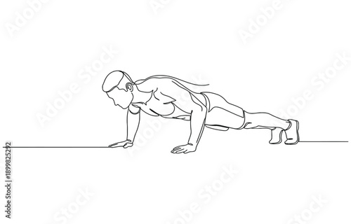 Continuous line drawing of sporty man training push up work out.