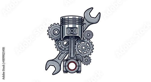 Engine Piston and Gears with Wrenches Mechanical Concept.