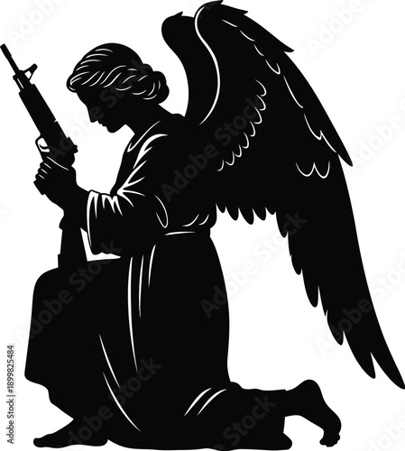 Kneeling angel with gun silhouette