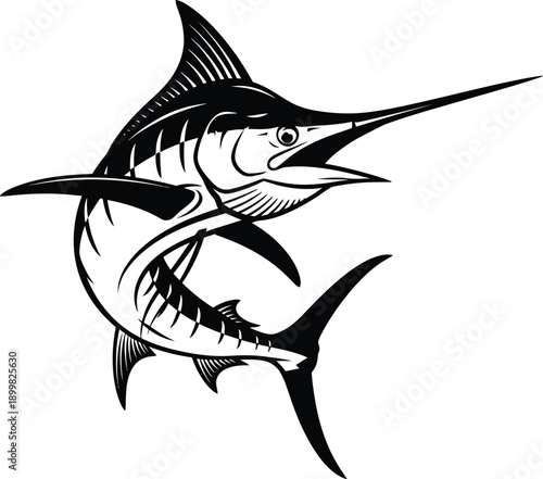 A black and white drawing of a marlin fish jumping out of the water