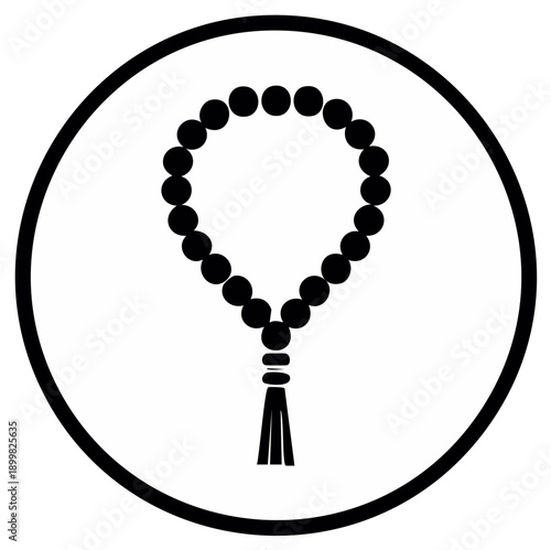Islamic prayer beads tasbih in a circular icon symbolizing faith and spirituality