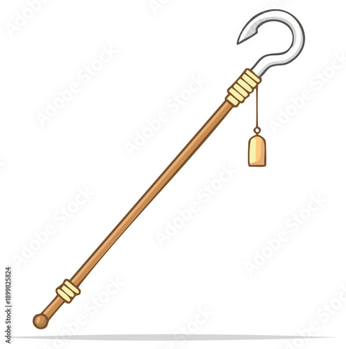 Cartoon wooden shepherd crook. Hooked walking stick, decoration hanging.