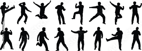 Collection of black silhouette figures in various dance and martial arts poses