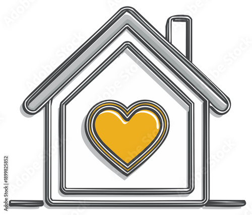 Hand drawn house with a yellow heart inside symbolizing home love and family care