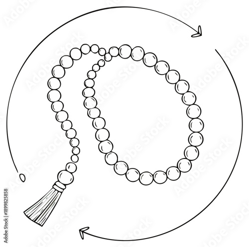 Islamic prayer beads tasbih with tassel and circular arrows symbolizing devotion and prayer