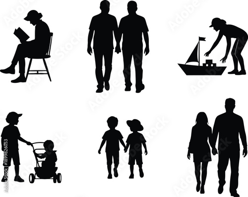 Silhouette illustrations of people in various daily activities and social interactions