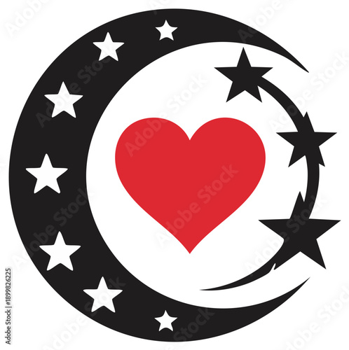 Red heart with moon, stars and decorative elements. Decorative design.