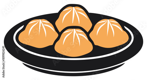 Four Steamed Dumplings on Black Plate with White Accents