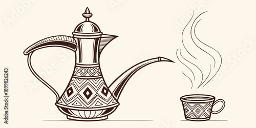 Traditional Arabic Coffee Pot and Cup Illustration with Steam Rising