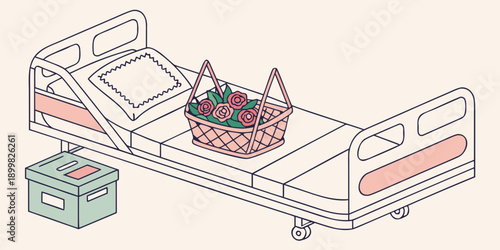 Hospital Bed with Flowers and Storage Box on Wheels, Medical Care and Comfort Illustration
