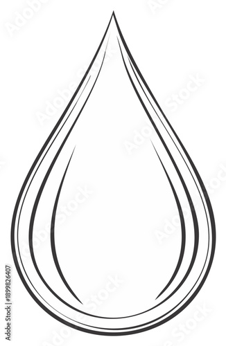 Elegant minimalist black and white ink line drawing of a single perfect water droplet