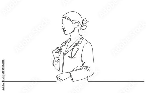 Continuous one line drawing professional confident young lady doctor with white coat.