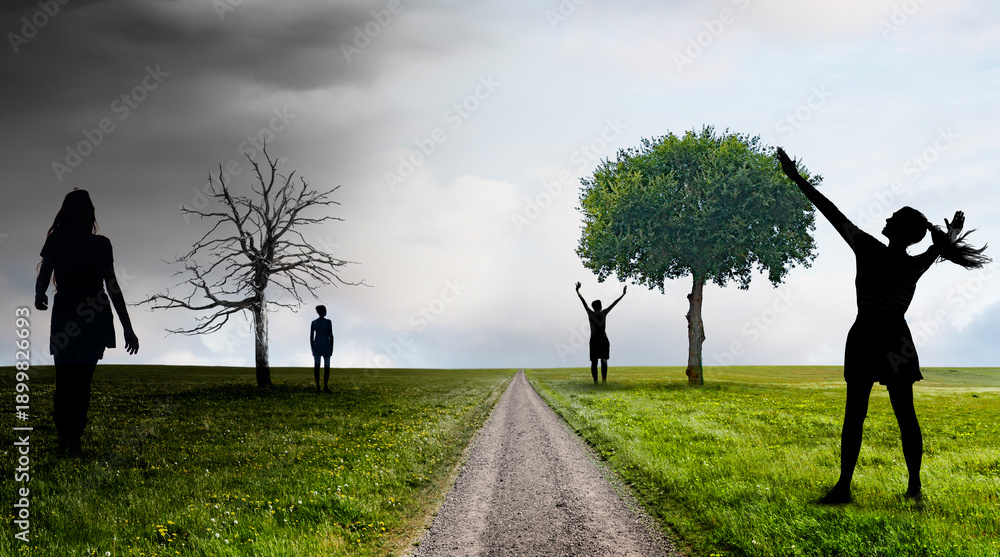 Fototapeta premium Person mit unterschiedlichen Emotionen auf einem Weg durch eine Landschaft
