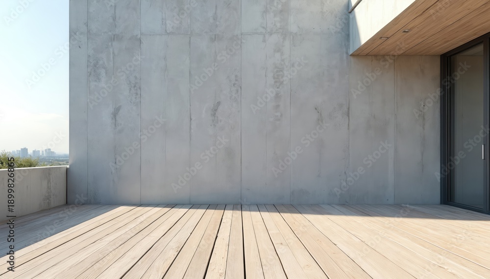 Obraz premium Modern concrete wall on wooden terrace balcony overlooks cityscape. Empty outdoor space with glass door, light sky, and distant trees. Clean architectural background.