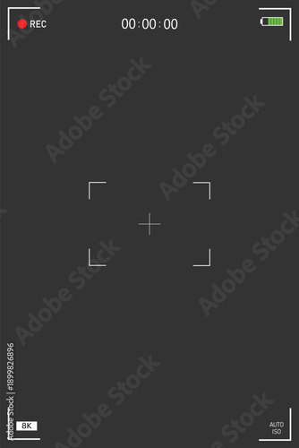 Vertical camera viewfinder. Viewfinder camera recording. Video screen, camera frame vector template. Rec icon with information and timing on black background.