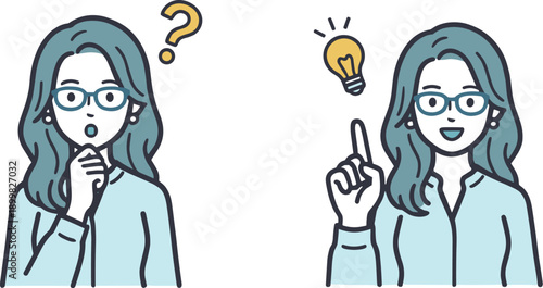 疑問からひらめきへ　考える女性とアイデアの電球　問題解決コンセプトのベクターイラスト