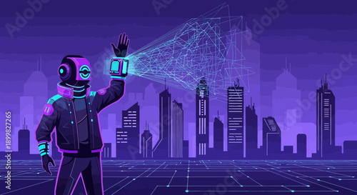 Futuristic augmented reality cityscape with networked connections and digital avatar interaction